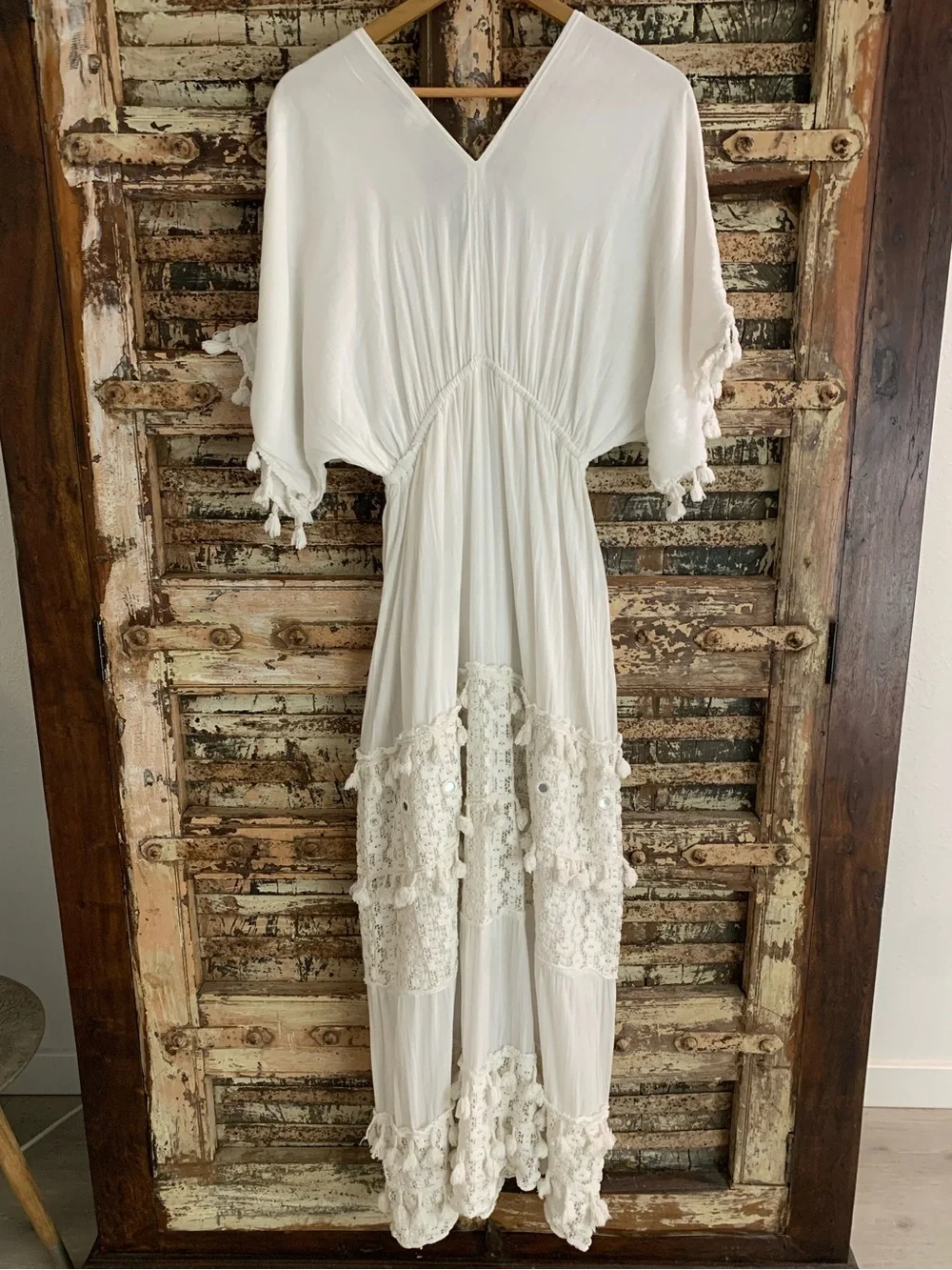 Buby.S Boho White Cotton Maxi Peasant Dress, Embroidered Tiered Mirrors Tassel S - Picture 3 of 10